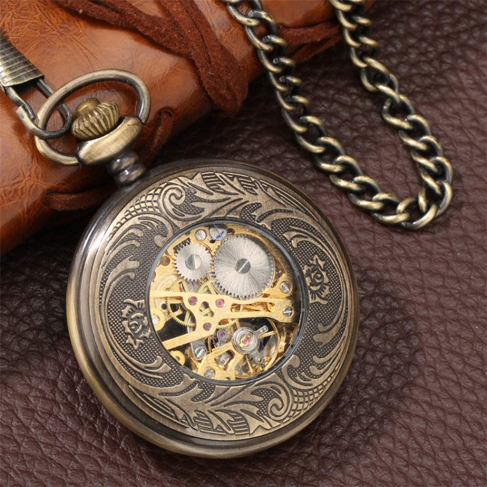 Taschenuhr, bronzefarbene, Hohle, mechanische Taschenuhr mit Handaufzug, antike Taschenuhr, Klassische, antike Taschenuhr mit Anhängerkette
