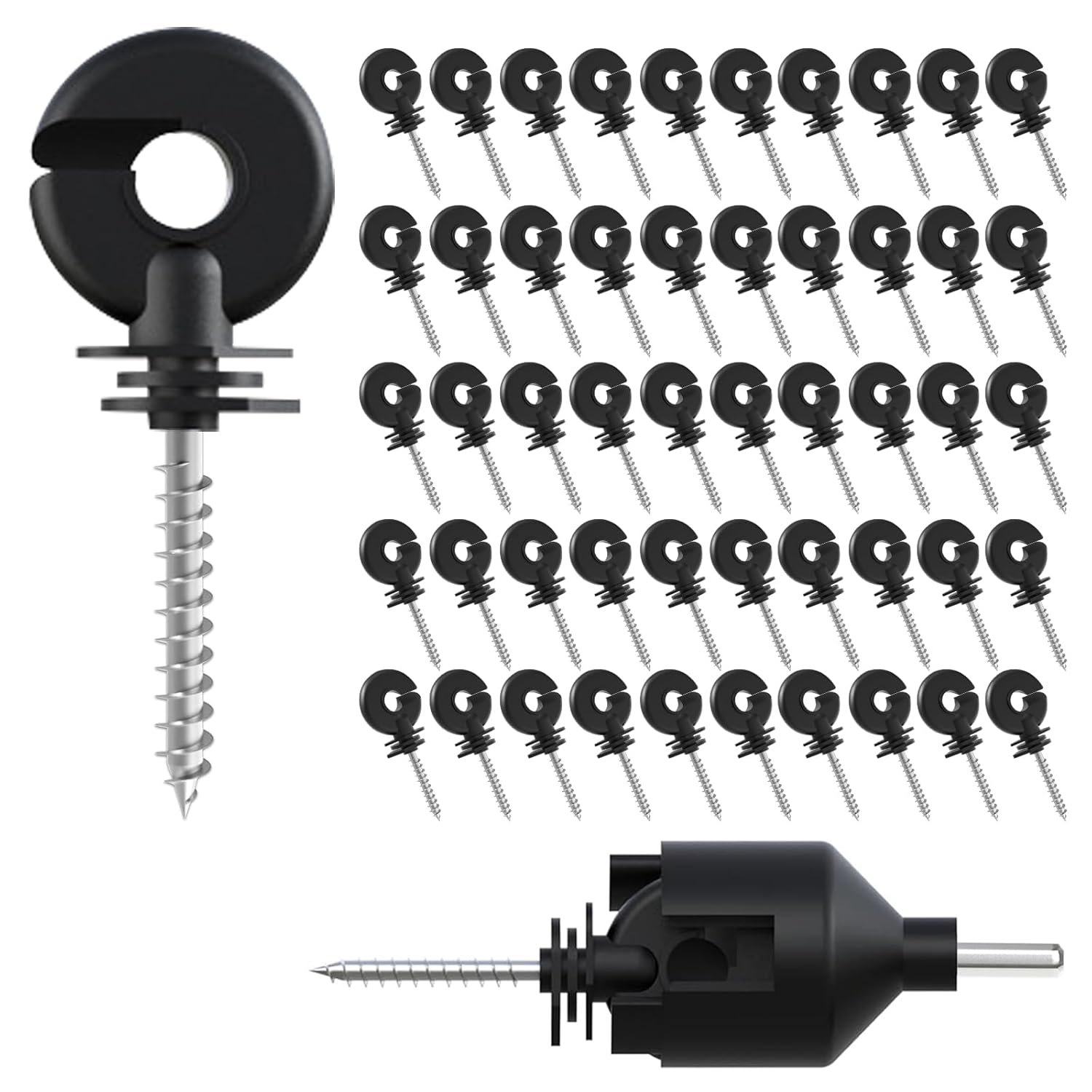 50 Pack Screw-in Electric Fence Insulators for Wood Post - Black Fence Ring Insulators with 1 Free Insulator Socket Tool - Grid System Accessories for Animal Husbandry, Livestock, Farm