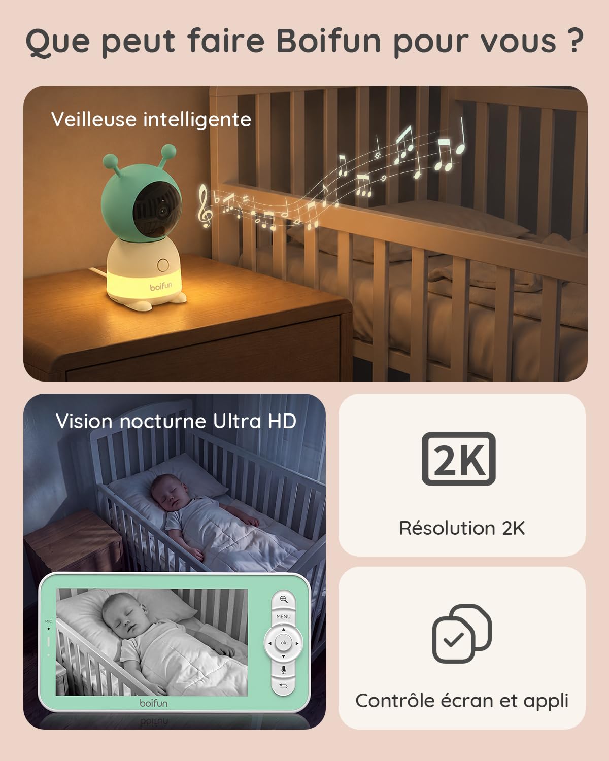 BOIFUN Baby Moniteur vidéo à écran divisé de 5 pouces, 2 caméras, écran 2K et caméra à 360° avec lumière de nuit, contrôle de l'application mobile et moniteur LCD, détection de mouvement et son AI