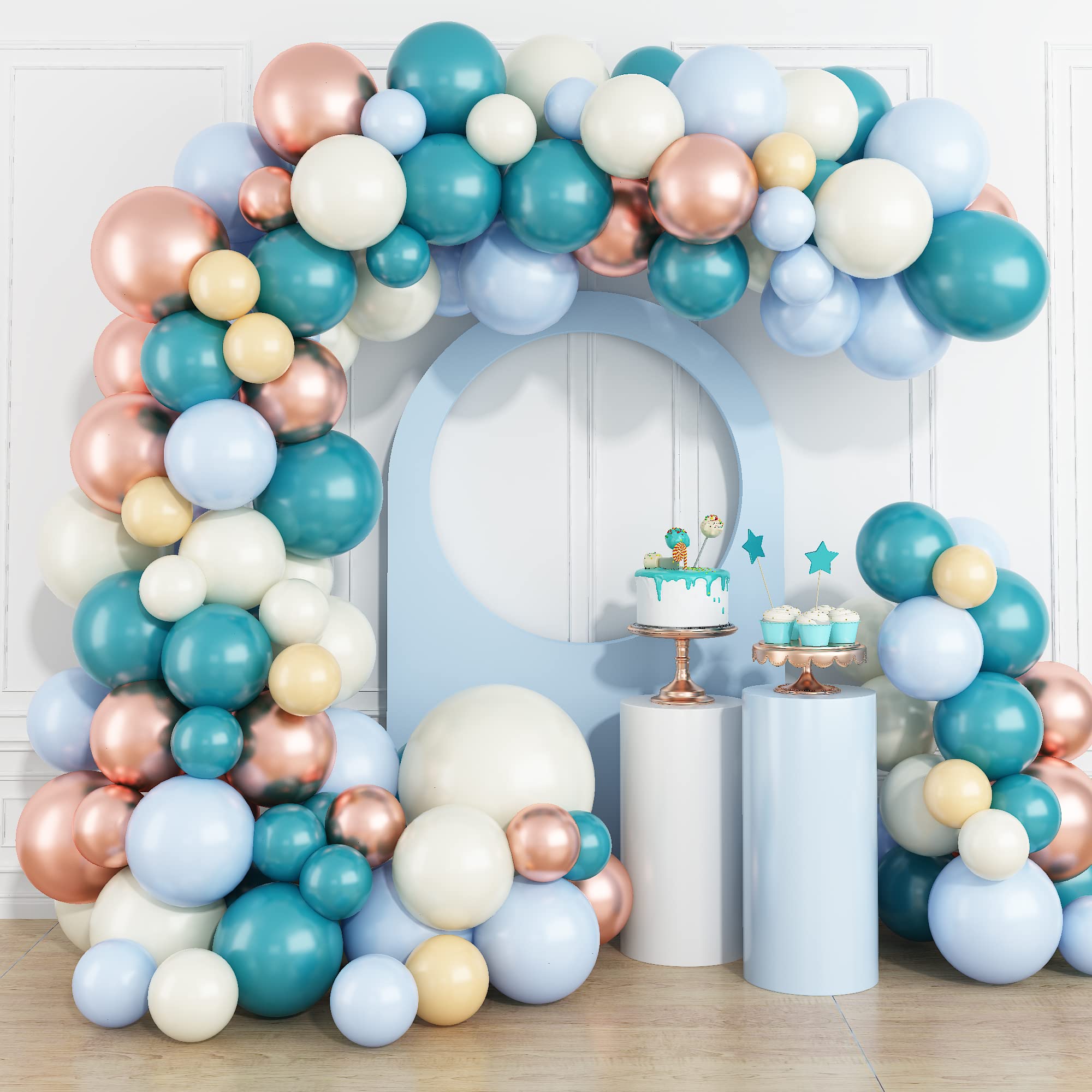 Balloons Arch Kit Blue White 120pcs Retro Turquoise Blue Sand White Balloons Garland Kit with Metallic Rose Gold Peacock Teal Macaron Blue Birthday Party Balloons for Baby Shower Wedding Decorations