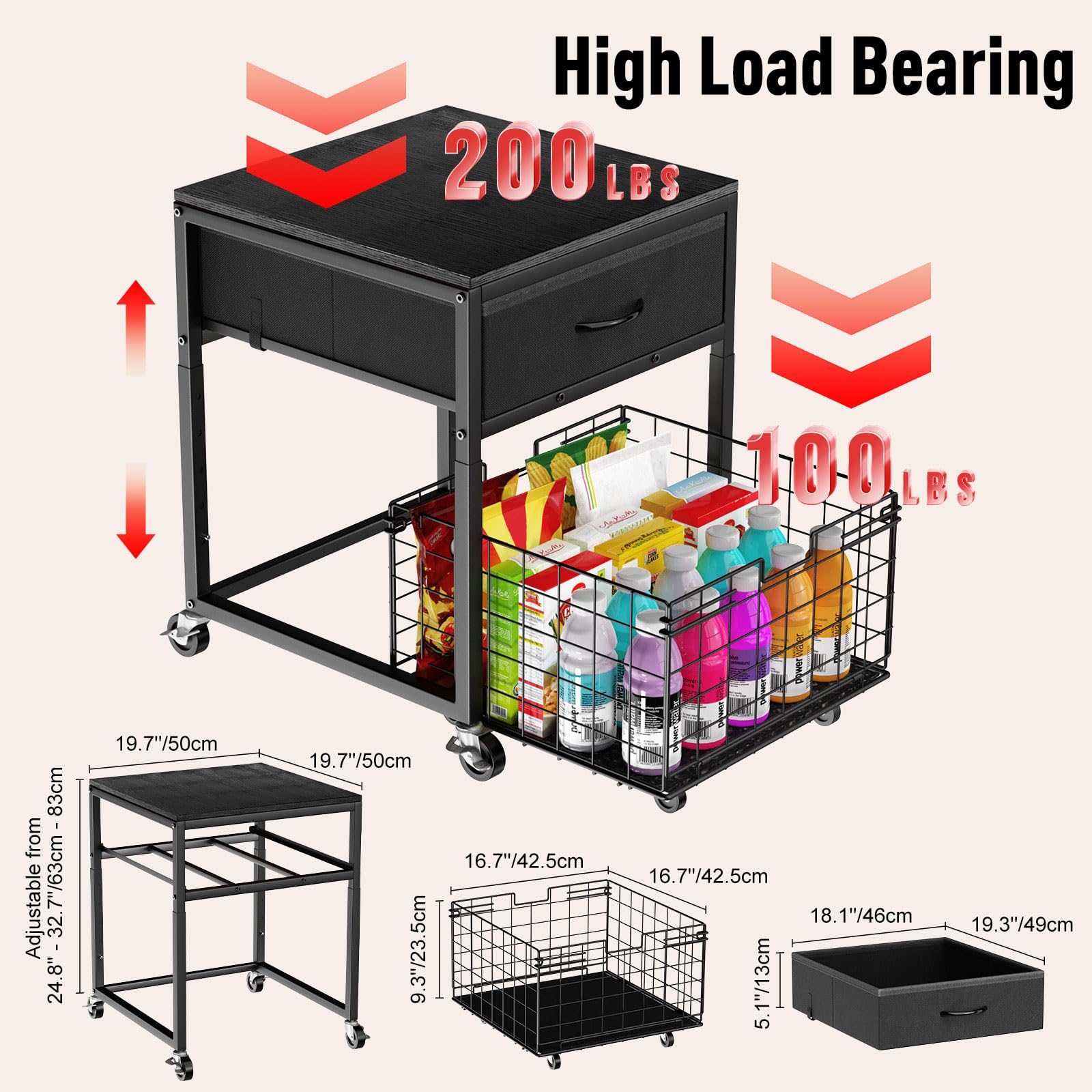 Housolution Soporte para Mini Nevera con Almacenamiento, Estante para Mini Nevera Regulable en Altura con Ruedas, Organizador Portátil para Nevera con Cajón para Hogar, Oficina, Negro