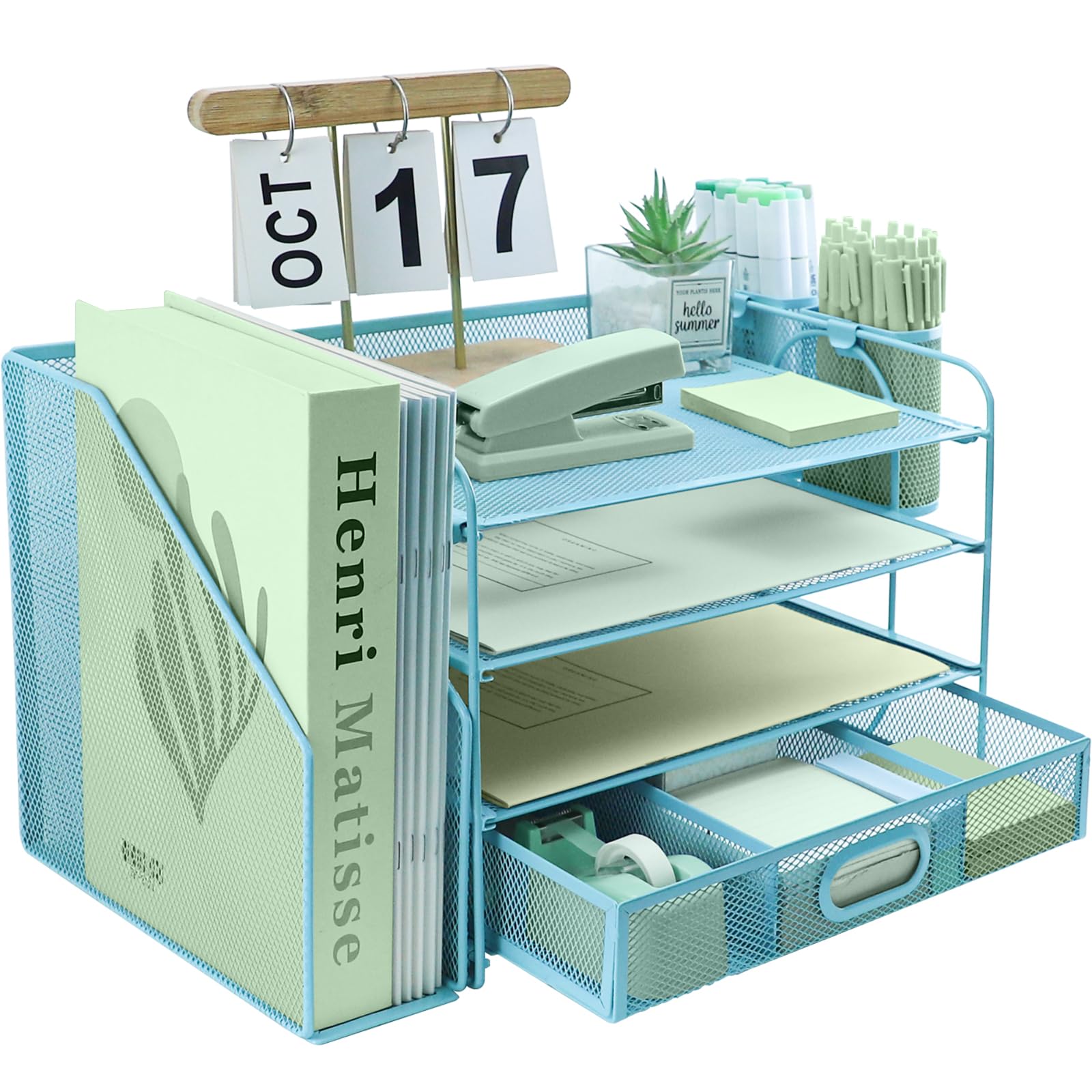 4 Tier Desk File Organiser with Extra Vertical File Sorter, Paper Letter Tray with Top Stationery Drawer Holder, A4 Paper Desktop Filing Trays, Magazine Document Holder for Home Office, Sky Blue