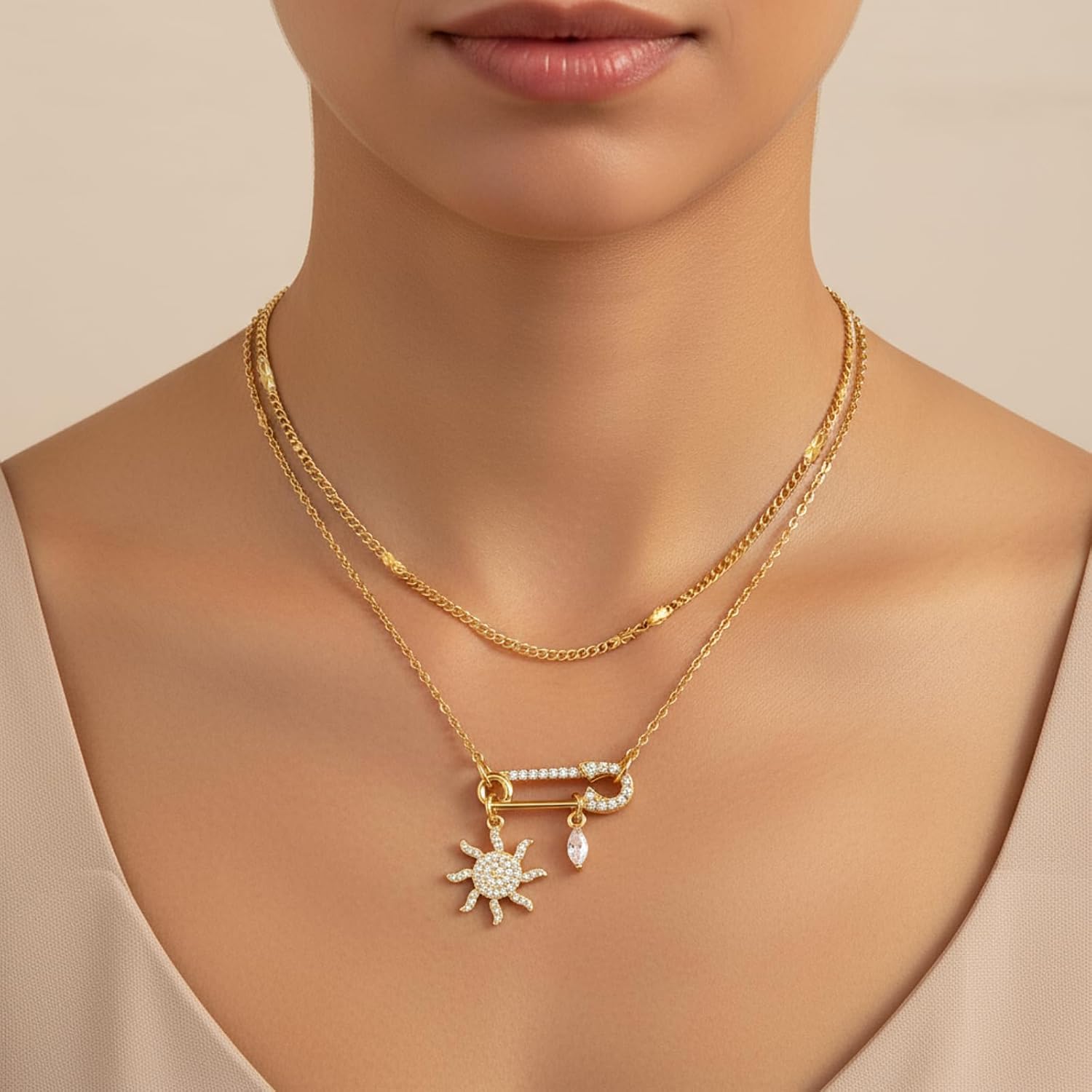 Paperclip Necklace for Women 14K Gold Plated Paperclip Pendant Necklaces Cubic Zirconia Sunflower/Cross/Sun/Moon/Water Drops Pendant with Layered Chain Jewelry Gifts for Her - Image 2