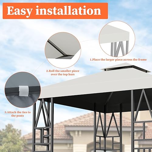 Miniatura 4 de Toldo de repuesto para cenador de 10 x 10 pies, refugio al aire libre para parte superior más pequeña, cubierta de dosel de doble nivel (beige)