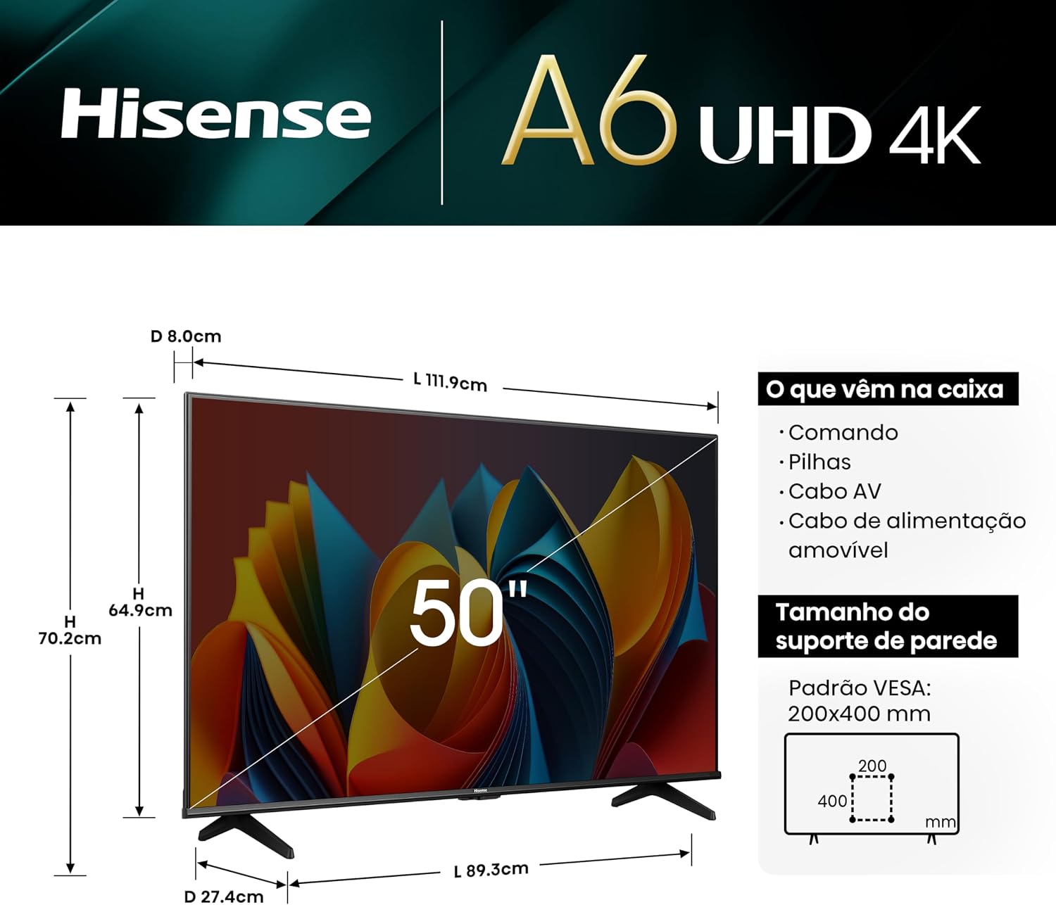 Hisense Smart TV UHD 4K DLED 50" Polegadas 50A6K com HDR10+ Dolby Vision Game Mode Controle por Voz Alexa Built-In AirPlay