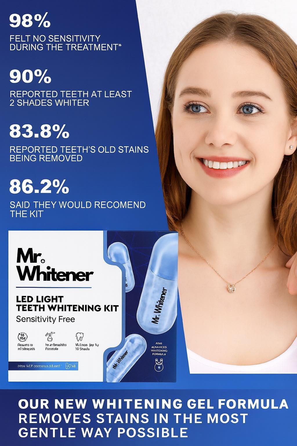 Kit de blanqueamiento dental LED, recomendado por dentistas, seguro para esmalte, blanqueador profesional de dientes para dientes sensibles, 8 cápsulas de gel de repuesto profesionales de
