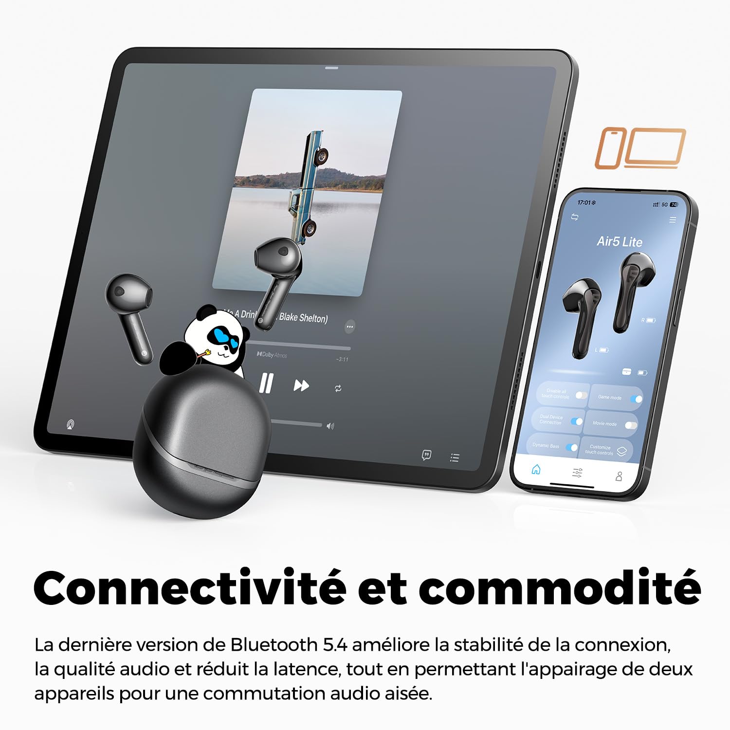 SoundPEATS Air5 Lite Écouteurs sans Fil | Audio Haute Résolution Bluetooth 5.4 Hauts-parleurs 13 mm Codec LDAC Réduction de Bruit Appels 30 Heures Autonomie