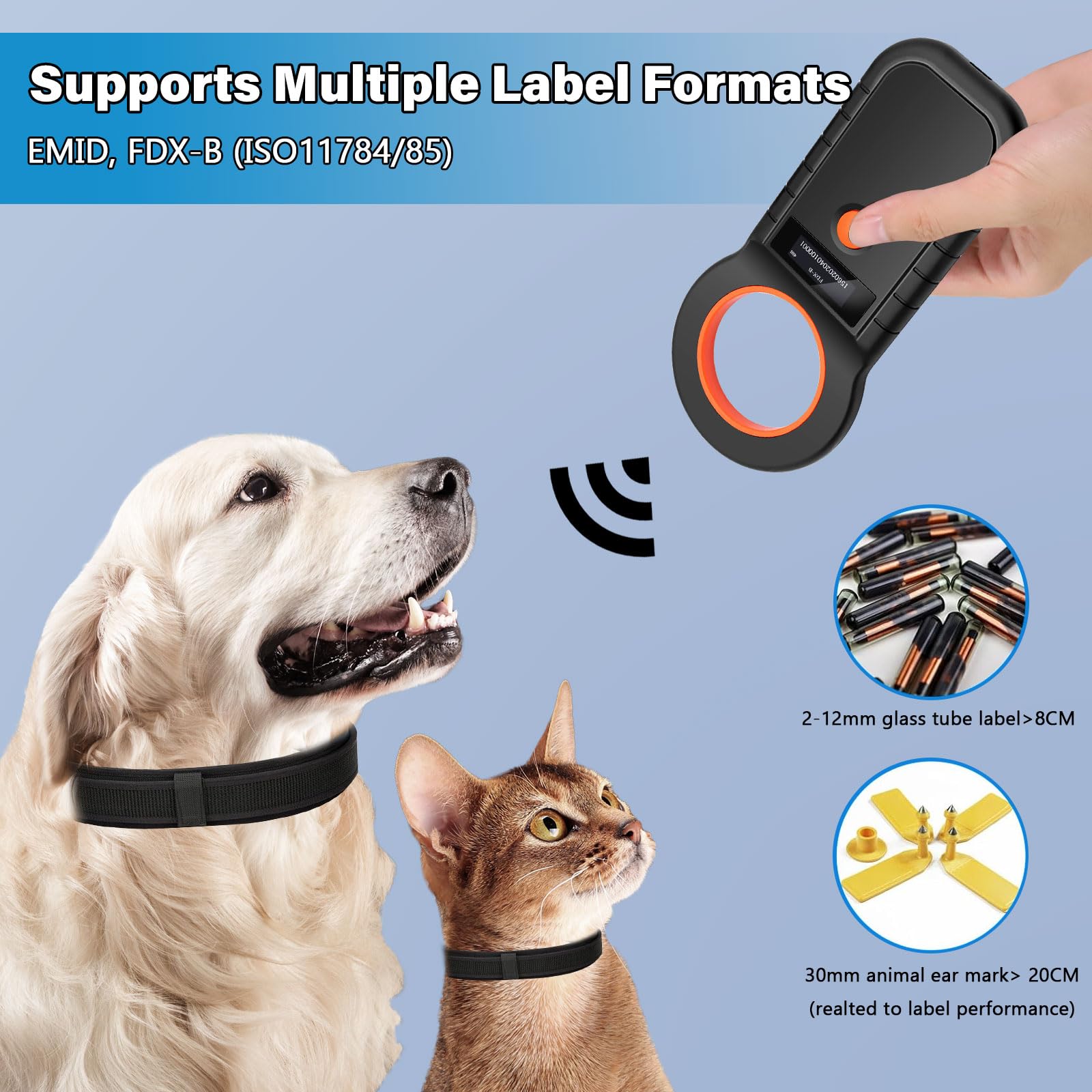 Lecteur de Puces pour Animaux, Lecteur Puce Animaux USB Rechargeable, Chatière à Puce électronique ISO11784/(85) FDX-B/EMID, Lecteur de puces électroniques pour Chiens/Chats(Rouge)