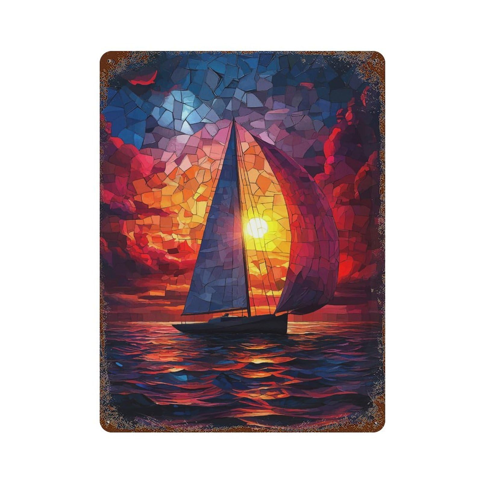 Sailboat Sunset 15.7"x11.8" Decorative Tin Sign, Rustic Home Decor for Patio, Garden Room And Bar Decor