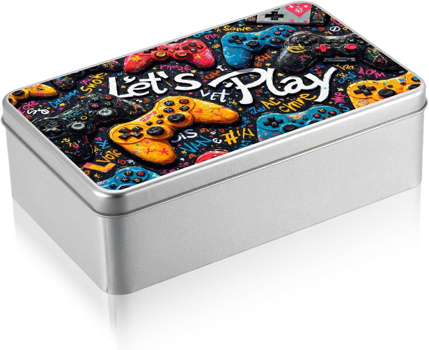Metal Tin Box with Lid, Rectangular Silver Metal Storage Container, 7.09"×4.33"×2.17" Gift Decorative Empty Box, Play Games