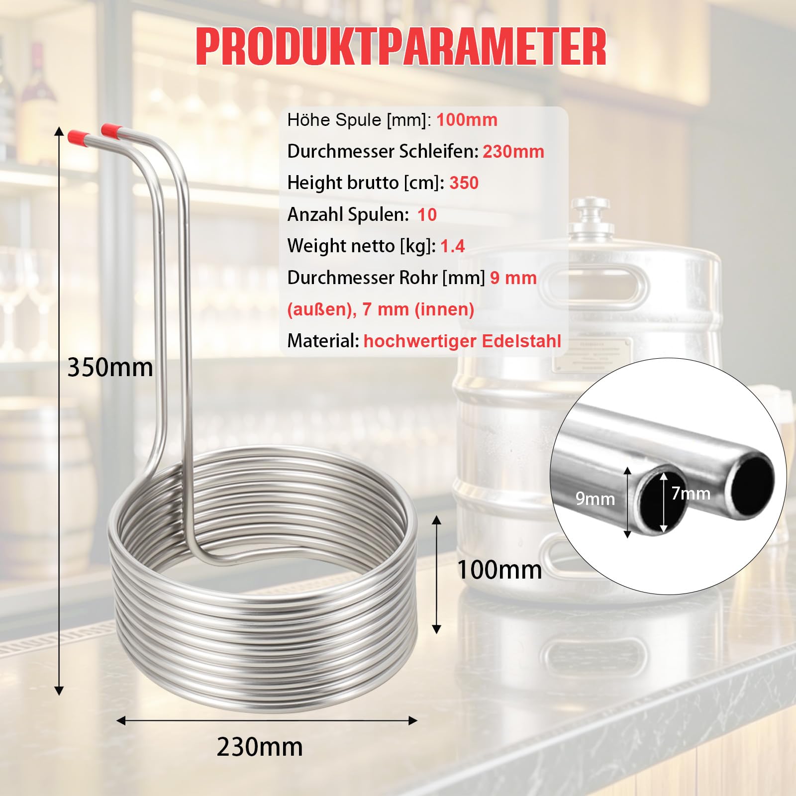 Kühlspirale Eintauchkühler Kühlschlange Ø23cm, Edelstahl Maischekühler Kühlspirale zur Kühlung von Bier, Kühlrohr Würzekühler Maischekühler mit 2* Silikonschläuche, 2* Verbindungsstücke