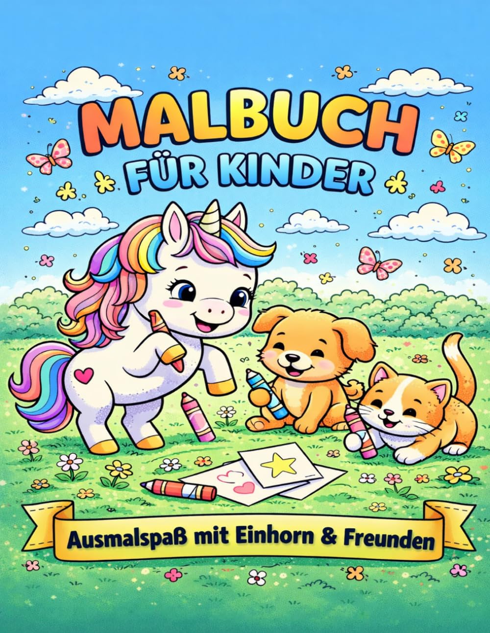 Malbuch für Kinder ab 3 Jahren – Einhorn Malbuch mit Hund & Katze – Ausmalbuch mit einfachen Motiven – Kreativer Ausmalspaß mit Einhorn & Freunden: ... & Feinmotorik | Perfektes Geschenk für Kinder