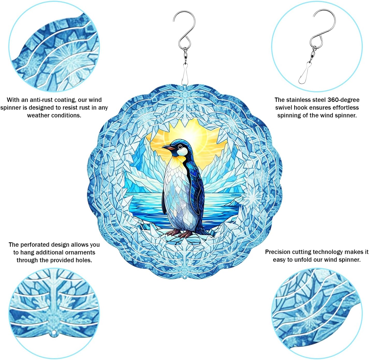 Penguin Wind Spinner, 3D Hanging Stainless Steel Garden Spinner, Wind Spinner Hanging for Outdoor & Indoor Décor, Unique Gifts for Yard Garden Decoration or Patio Décor (Penguin)