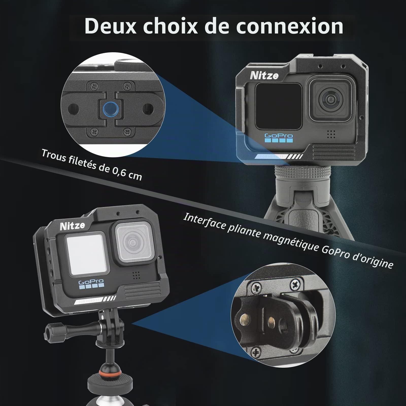 Nitze Camera Cage en Alliage d'Aluminium pour GoPro Hero 13/12/11/10/9 avec 2 Cold Shoe, Plusieurs Trous Filetés pour Lumière LED - T-GP01A