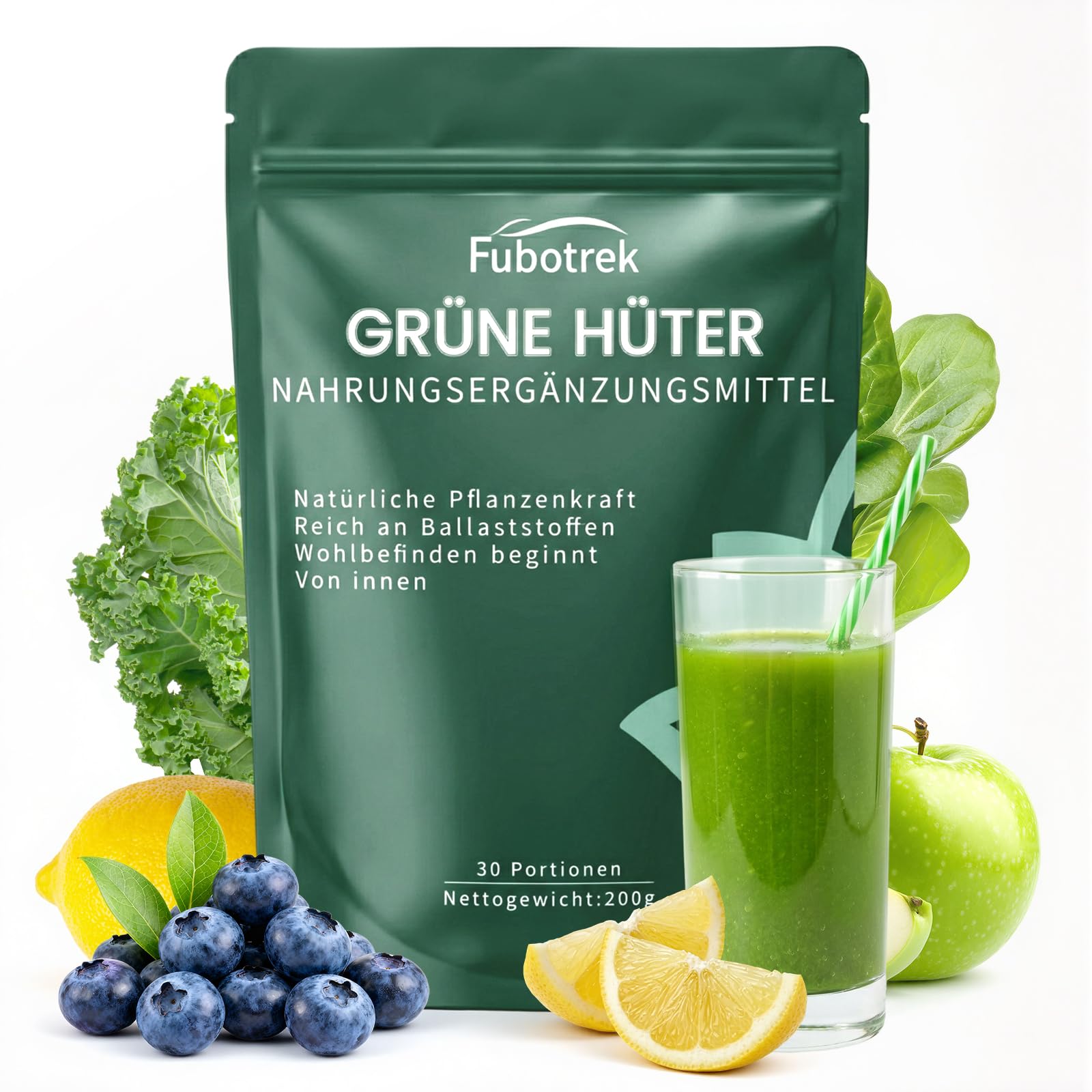 Grüne Entgiftungspulver, 200g Grüner Helper, Superfood Pulver Helfer Pflanzenpulver mit Matcha, Gerstengras, Spirulina & Heidelbeeren, Rich in Macronutrients, Micronutrients & Fiber, Vegan
