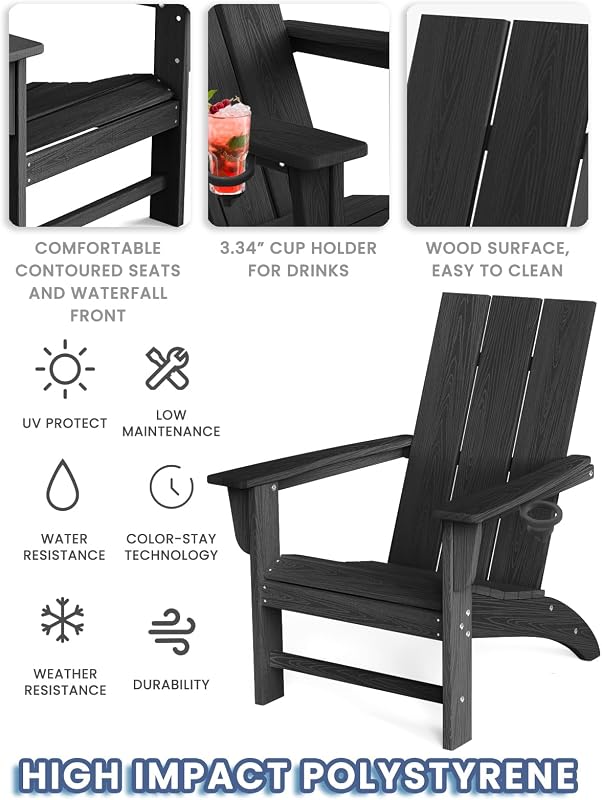 POLYDUN Modern Adirondack Chair with Cup Holder, HDPE Plastic Patio Chairs image 3