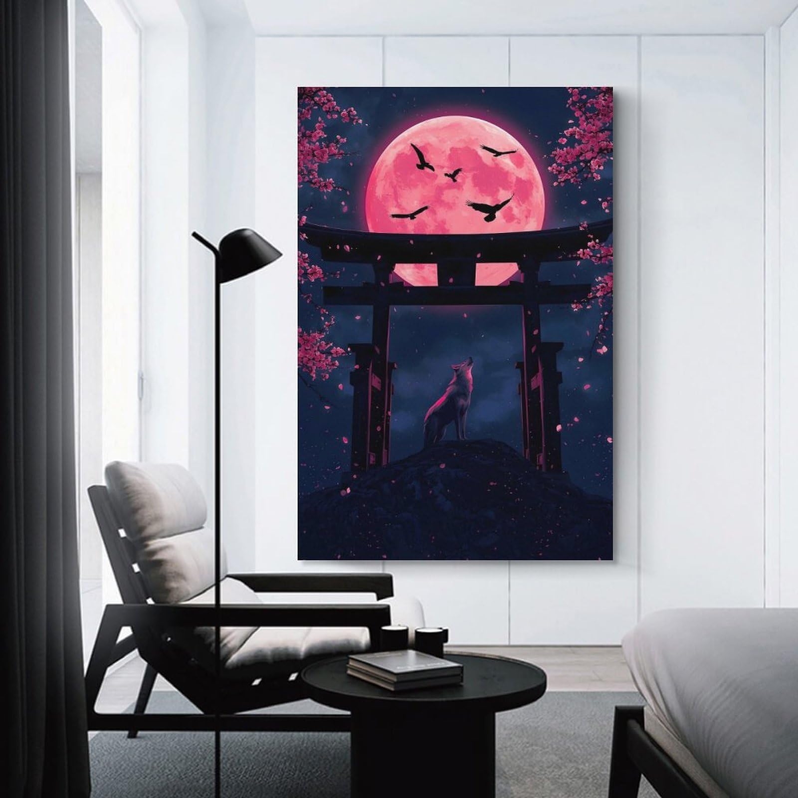 Junmoney Unframe-Style-1 Wolf Howling At Pink Moon Home Decor Wall Art 08X12inch(20X30cm), For Bedroom, Guest Room Or Reading Nook, Decorative Wall Art For Cosy Rooms