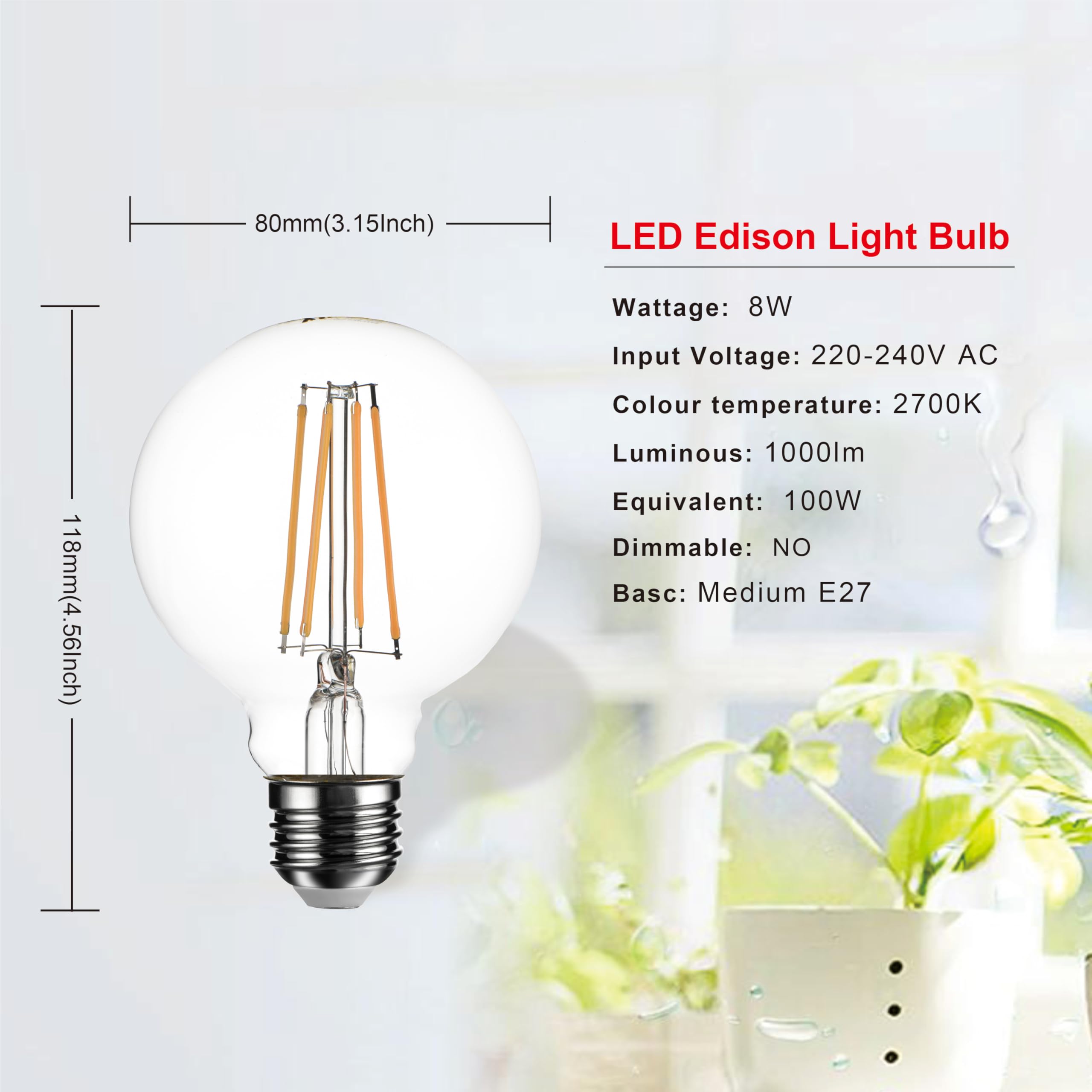 SD LUX G80 E27 Vintage Globe Decorative Edison LED Bulbs(Non-dimmable) 8W 1000lm (Equi. 100W), CRI>90, 2700K Warm White (Clear, 6PC) - Image 2