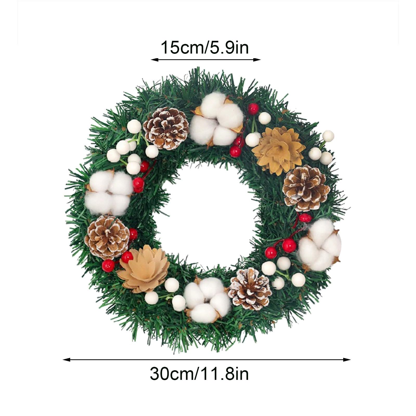 Couronne de Noël Rustique pour Porte D'Entrée, Couronne Artificielle en Coton avec Pommes de Pin, pour la Décoration de la Maison et des Fêtes d'hiver(30cm(11.8in))