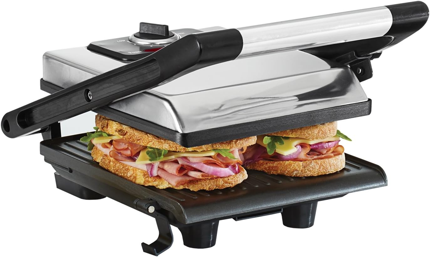 BELLA Electric Panini Press & Sandwich Grill, Polished Stainless Steel, Multifunction Space-Saving Panini Press & Contact Grill with Non-Stick Plates (13267)
