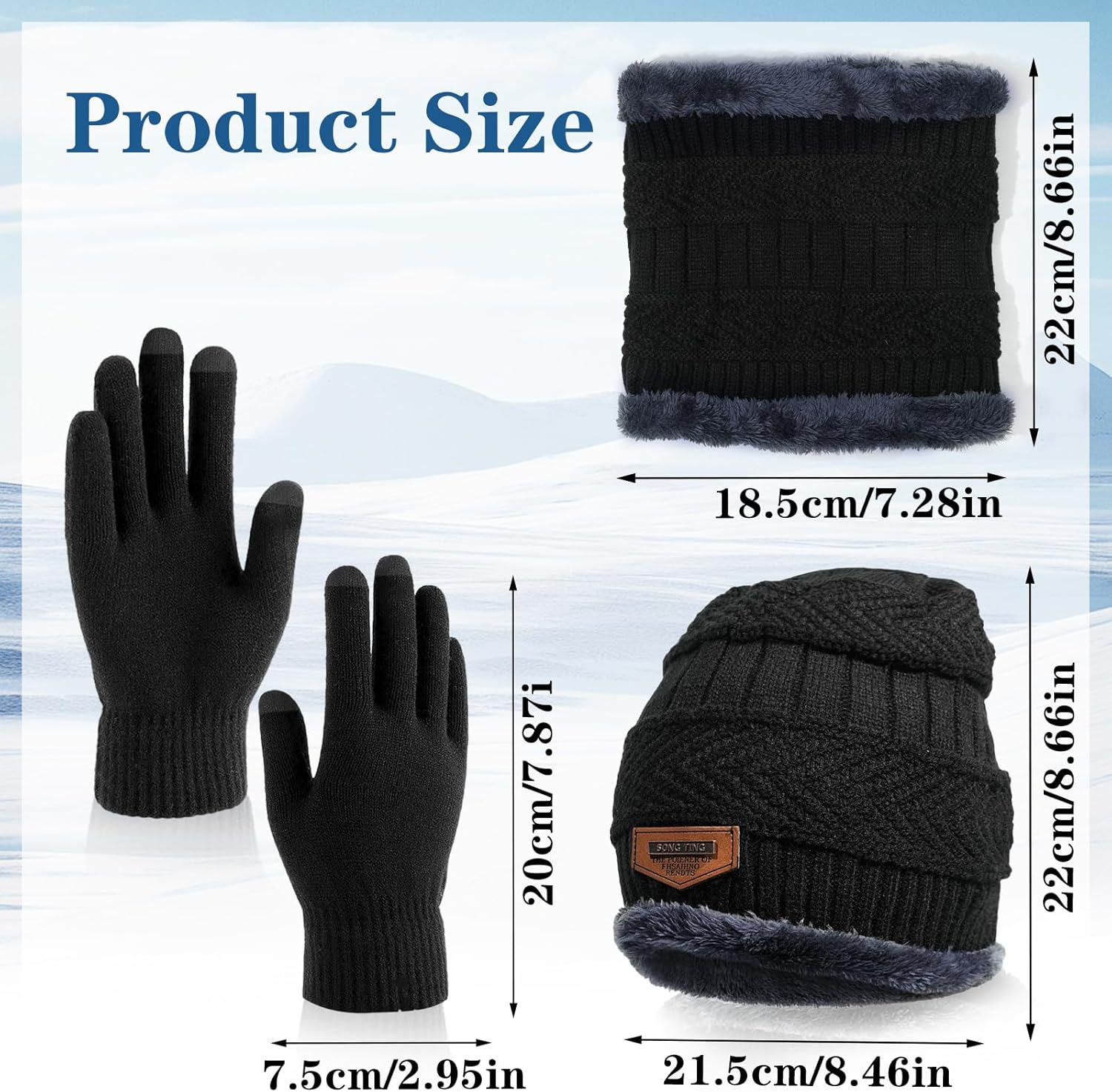 Winter Beanie Hat Scarf Gloves Set Thick Knitted Lined Skull Cap Neck Warmer Scarves Touchscreen Gloves for Men Women (Black) - Image 2
