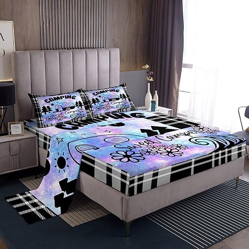 Erosebridal Happy Camping - Juego de sábanas de tamaño King, accesorios de cámper para niños, adolescentes y adultos, sábana bajera de dibujo de