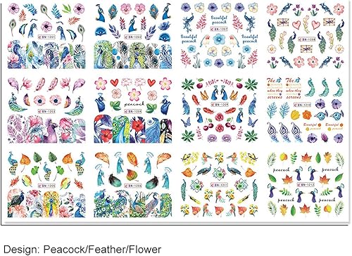 Miniatura 6 de Vezocim Calcomanías para arte de uñas, diseños holográficos de pavo real para transferencia de agua, calcomanías de pájaros y hojas de flores,