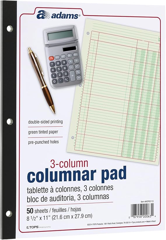 Adams Columnar Analysis Pad, 3 Column, 8 1/2 X 11, Single Page Format, 50 Sheets/pad (ACP85113)