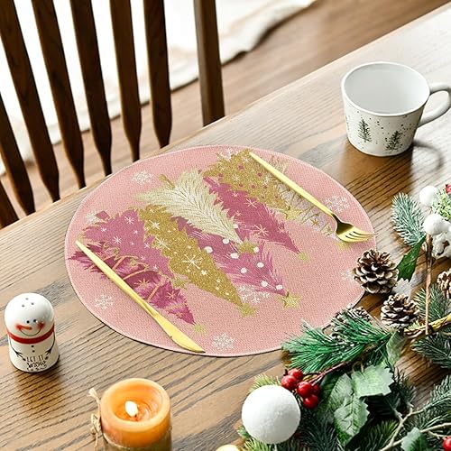 Miniatura 3 de Artoid Mode Juego de 4 manteles individuales redondos de Navidad con diseño de árboles de Navidad, copos de nieve, color rosa, 14 pulgadas, para