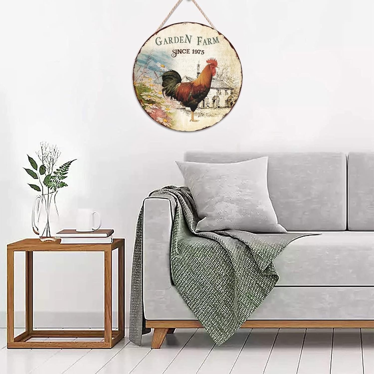Garden Farm Since 1975 Round Door Hanger Sign, Rooster Wood Door Sign, 16x16in Art Font Wall Hanging Sign Plaque Farmhouse Front Porch Decor Housewarming Gifts