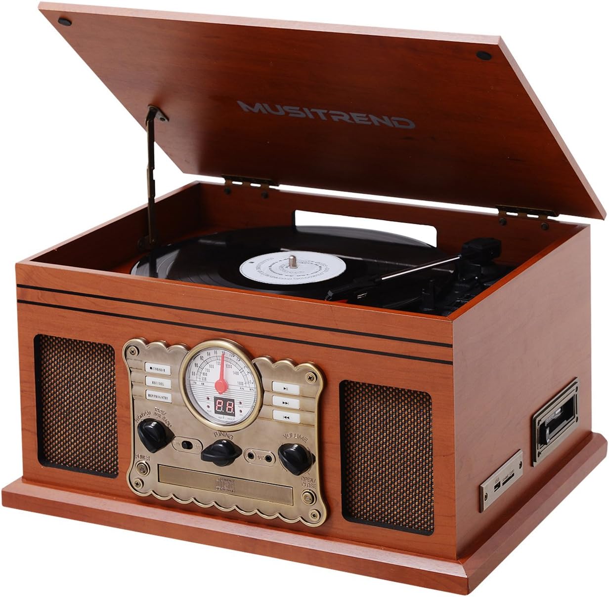 MUSITREND Retro Stereo Equipment with Wooden Bluetooth Turntable – Encoding Function, CD, Cassette, Radio, USB, MP3, 3 Speeds, with Speakers