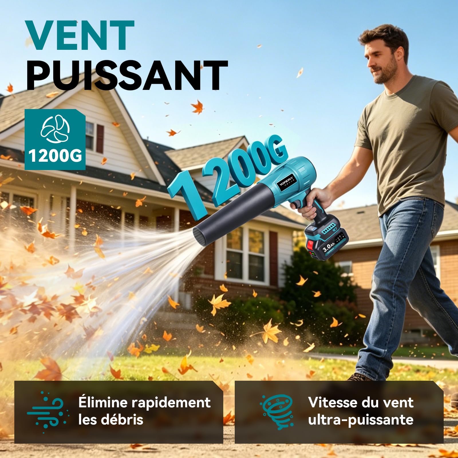 Yofidra Souffleur de Feuilles sans Fil, Mini Souffleur à Feuilles avec Turbocompresseur, 33 000 TR/Min, 300m/s, avec 2 Batteries, 3 Vitesses, 4 Buses, pour Jardin, Voiture, Terrasse et