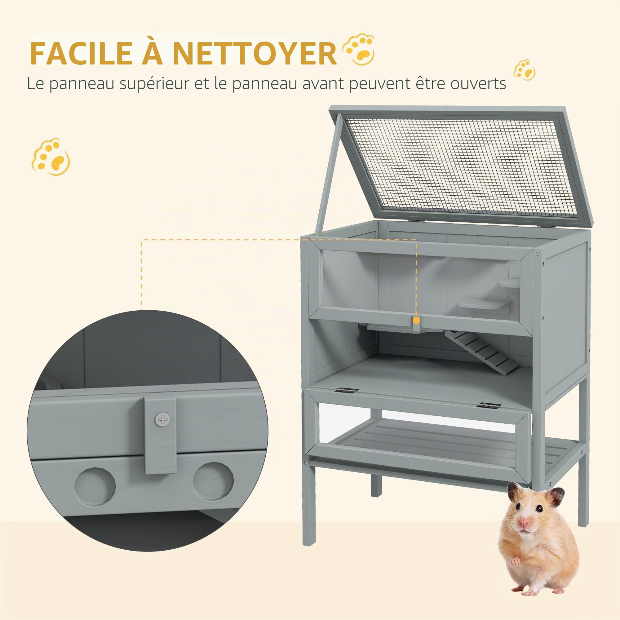 PawHut Cage en Bois pour Hamster avec Étagère 60x40x80 cm Gris