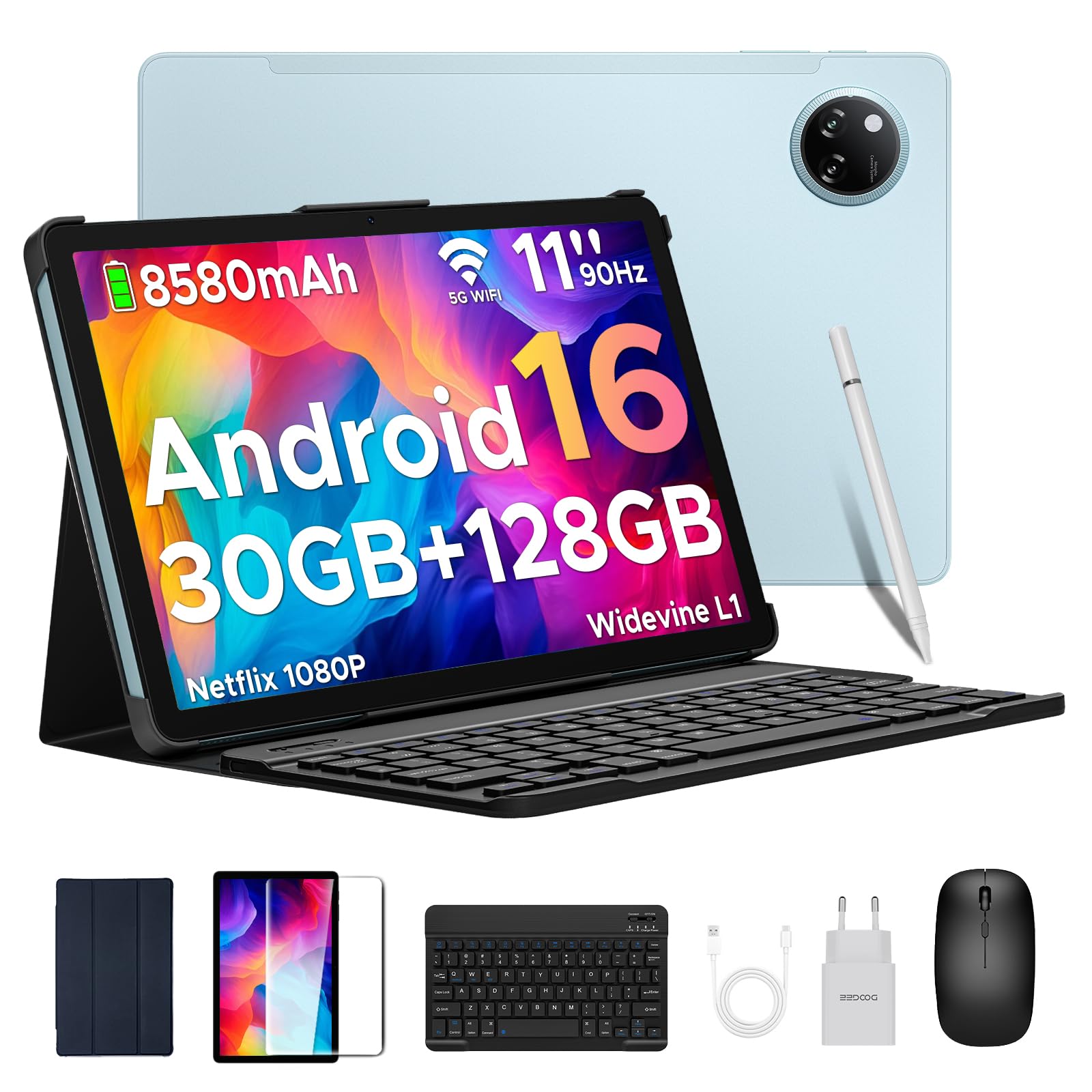 DOOGEE Tab A9 Pro+ Android 16 Tableta para Niños, 30GB+ 128GB/2TB Tablet 11 Pulgadas 90Hz, Tablet Infantil con Teclado y Lápiz y Funda y Raton, 8580mAh/Widevine L1/5G WiFi/13MP+5MP/ Face ID/Gemini AI