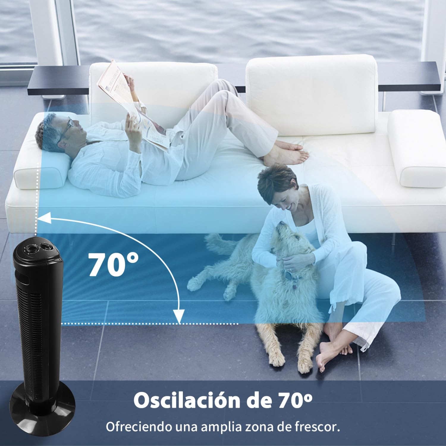 Aigostar Ventilador de Torre, Silencioso, 3 Velocidades, Oscilación de 70º, Temporizador 120 min, 81 cm de Alto, Diseño Compacto, Fácil Instalación, Ventilador de Pie Portátil 45W, Negro