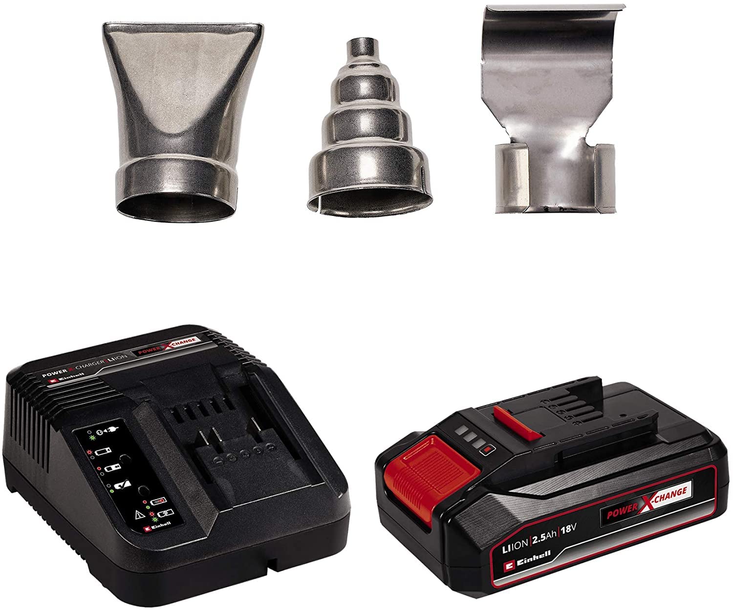 Einhell Pistola de aire caliente a batería - TE-HA 18 Li Power X-Change, Temperatura máx. 500 °C, máx. 200 L/min, 2 escalones de temperatura, incluye 1 batería de 2.5Ah y cargador individual