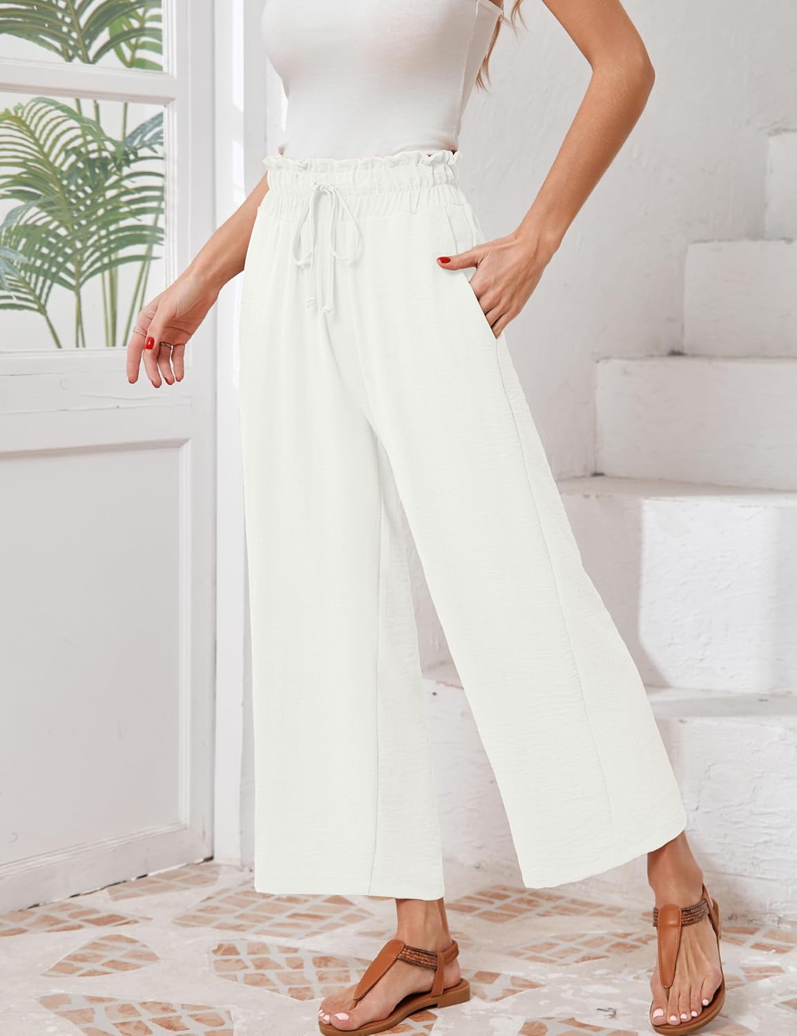 Wide Leg Pants for Women Drawstring Waisted Cropped Flowy Beach Pants Casual Outfits for Women with Pockets, S-XL
