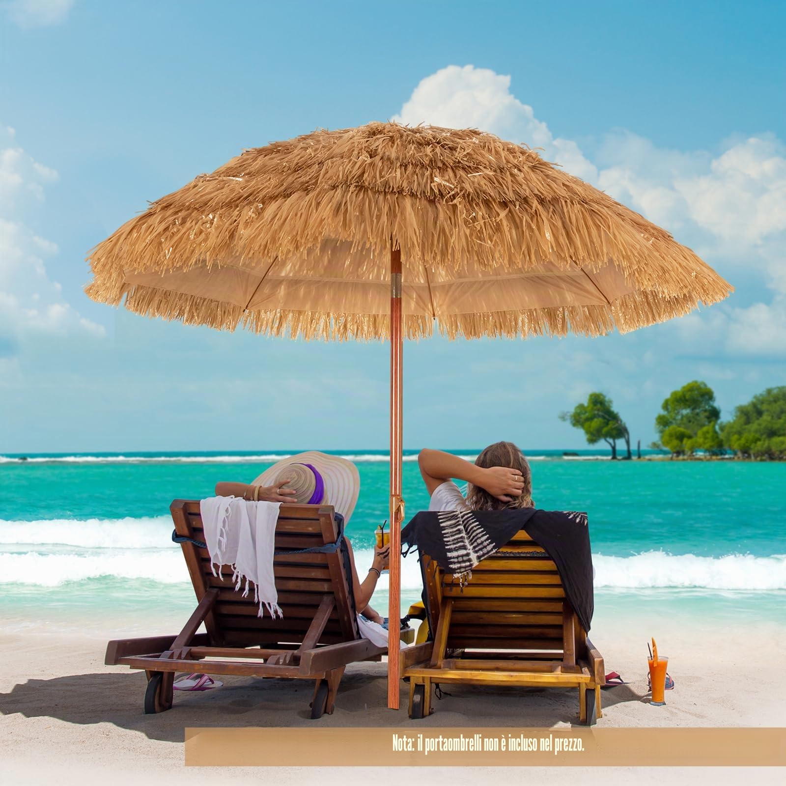 KOMFOTTEU Ombrellone da Spiaggia 200 cm, Parasole Hawaiano, Antivento, Impermeabile, Anti UV, Ombrello in Paglia Pieghevole e Portabile, Ombrello in Rafia per Giardino, Balcone, senza Base, Giallo
