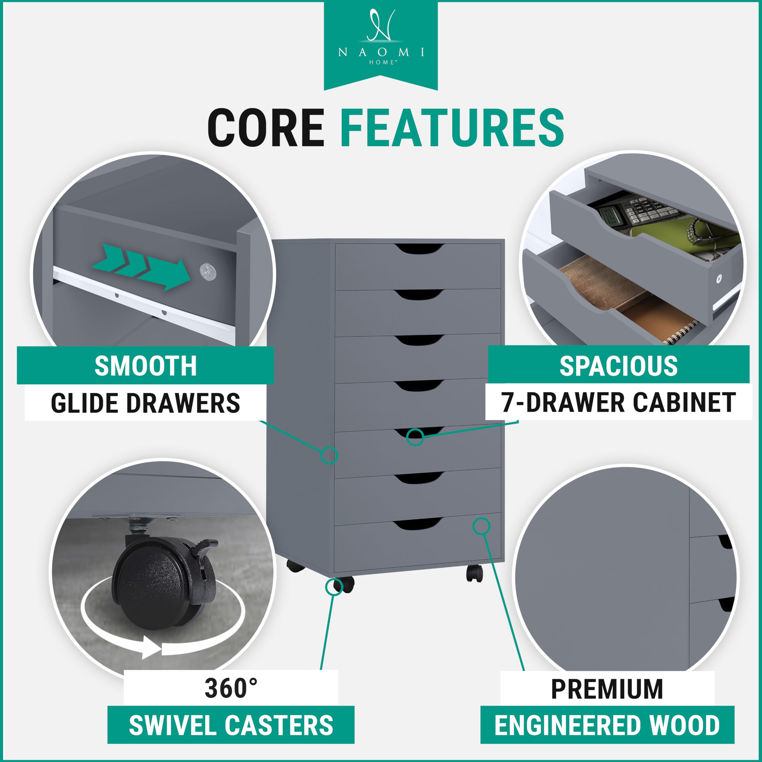 Naomi Home 7-Drawer Unit Craft Storage Cabinet Makeup Organization and Storage Drawers Gray