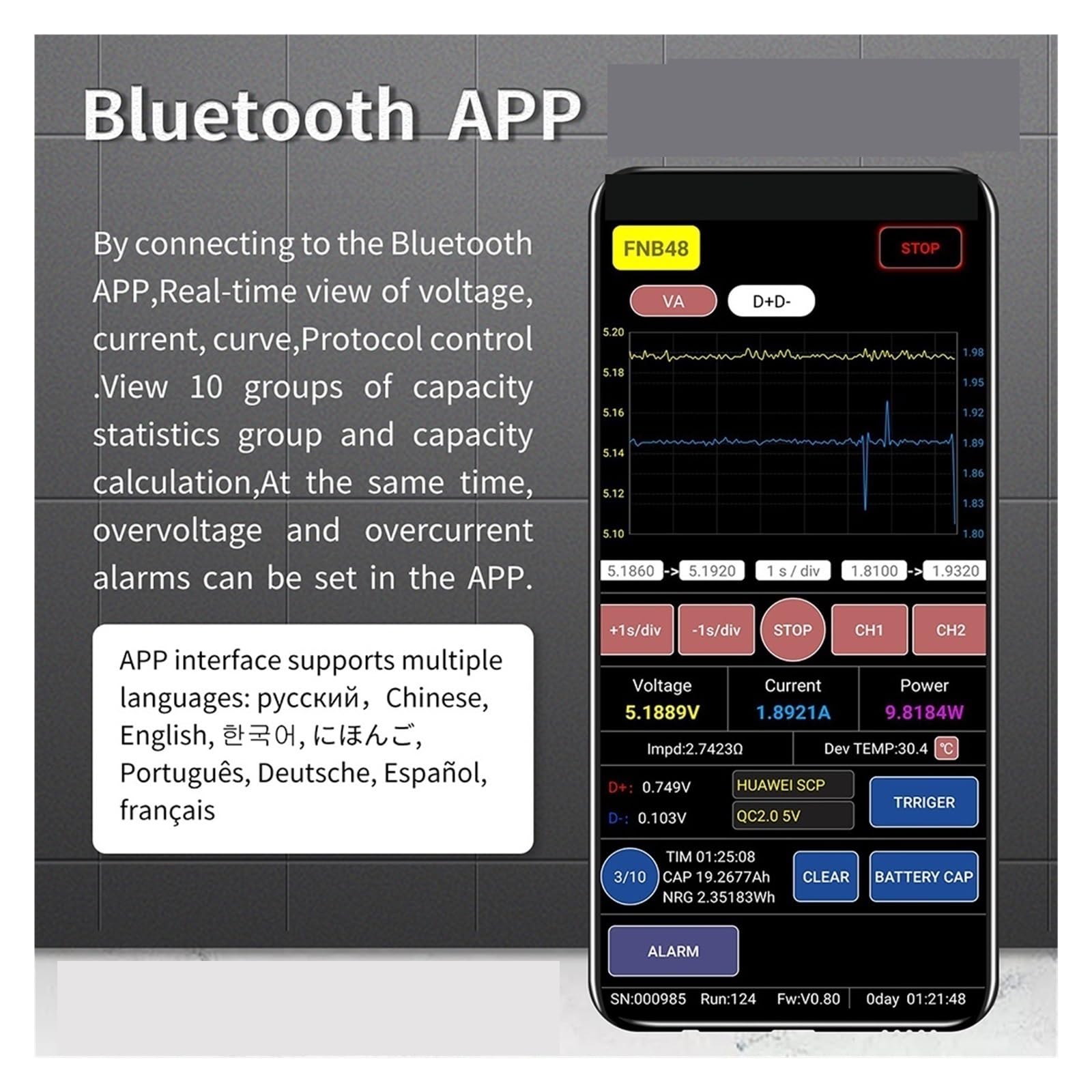 Tester USB FNB48S PD Woltomierz Amperomierz Prąd i woltomierz Tester USB QC4 + PD3.0 2.0 PPS Protokół szybkiego ładowania Test pojemności(48S NO Bluetooth)