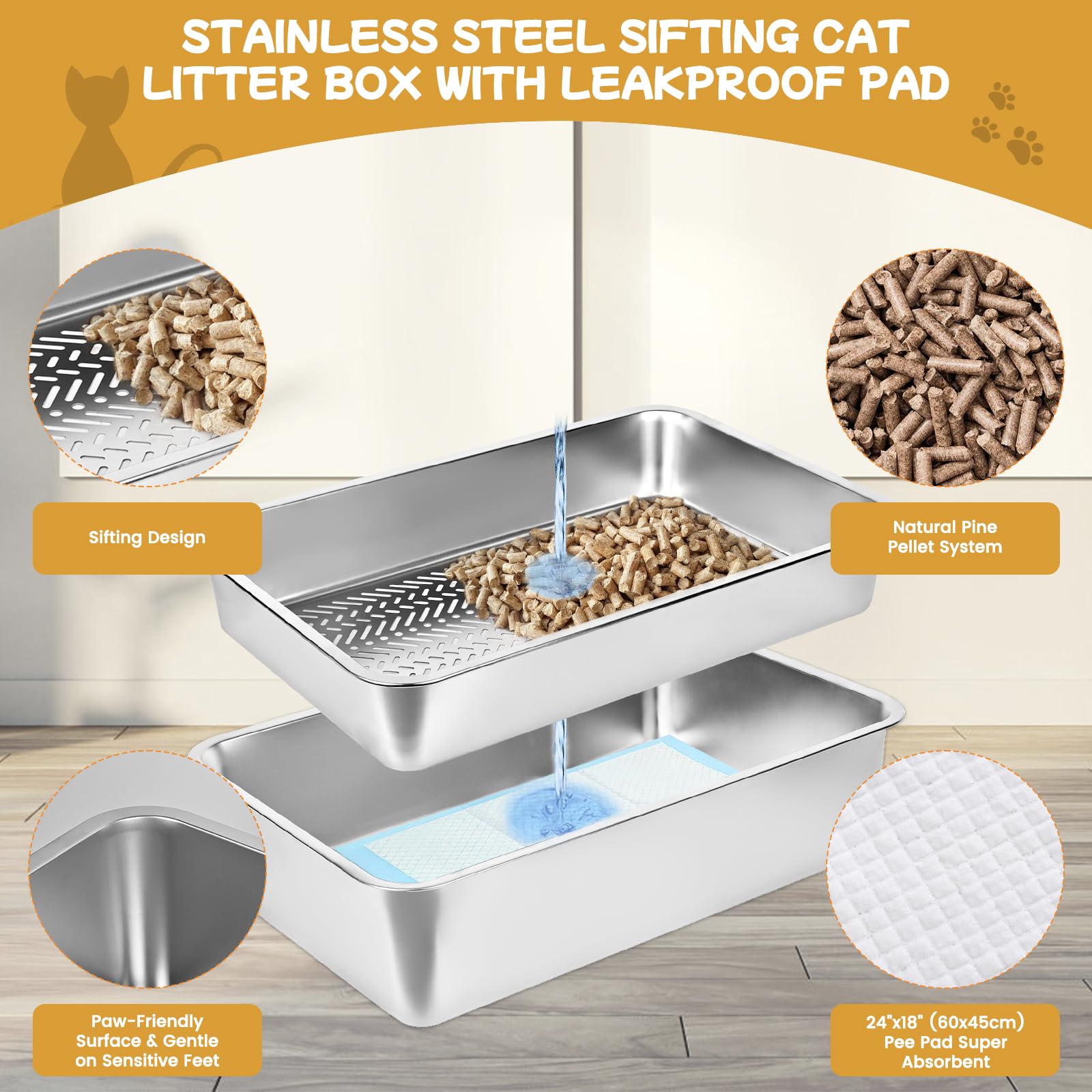 Edelstahl-Siebkasten mit Deckel, Großer Siebkasten für Katzenstreu mit Kiefernpellets und kleine Katzen (8 Inch)