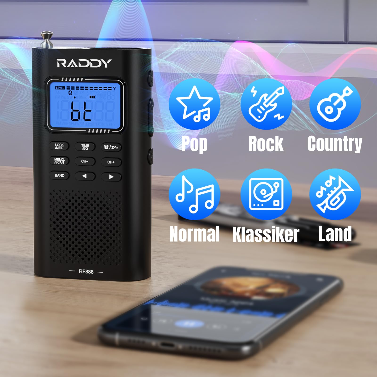 Raddy RF886 Tragbares Kurzwellenradio Kleines AM/FM/SW/UKW-Radio Digitalradio, Radio Batteriebetrieben und BT-Lautsprecher, 3 M Externe Antenne