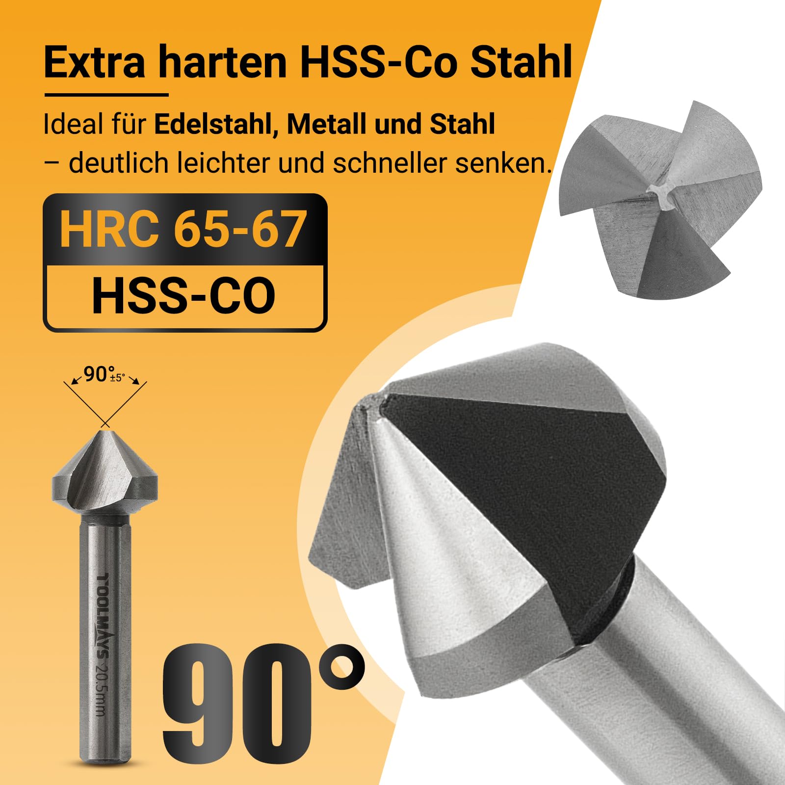 Kegelsenker Set HSS Cobalt 6 tlg 90° Kegelsenker Satz 3-Flächen-Schaft Ø 6,3-20,5 mm für Metall, Edelstahl, Kunststoff und Holz versenker