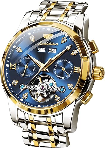 JSDUN Reloj automático para hombre diseño de esqueleto mecánico de cuerda automática con diamantes de lujo para negocios calendario de acero