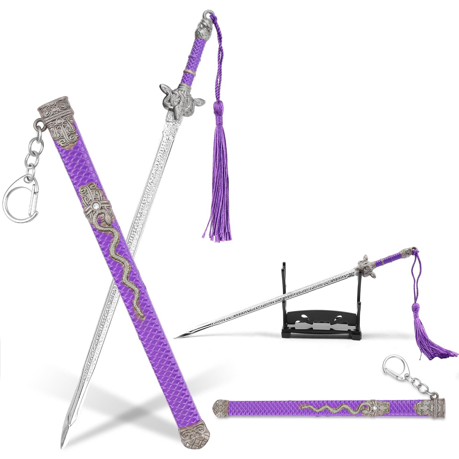Notoke Ancient Sword Letter Opener with Purple Sheath & Display Stand - Chinese Jian Weapon Style Metal Keychain, Envelope Opener Gift for Collectors and Action Figure Arts (Purple)