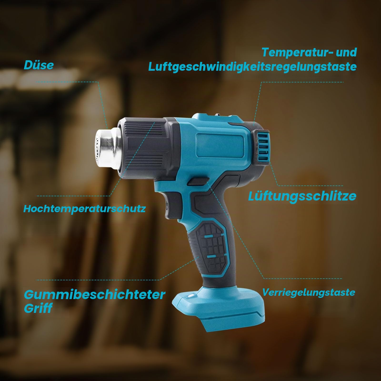 Akku-Heißluftpistole kompatibel mit Makita 18V, Variable Temperaturregelung 50℃-550℃ Elektrische Heißluftfön Schnelle Erwärmung mit LED Anzeige zum Entlacken, Löten mit 5 Düsen(ohne Batterie)