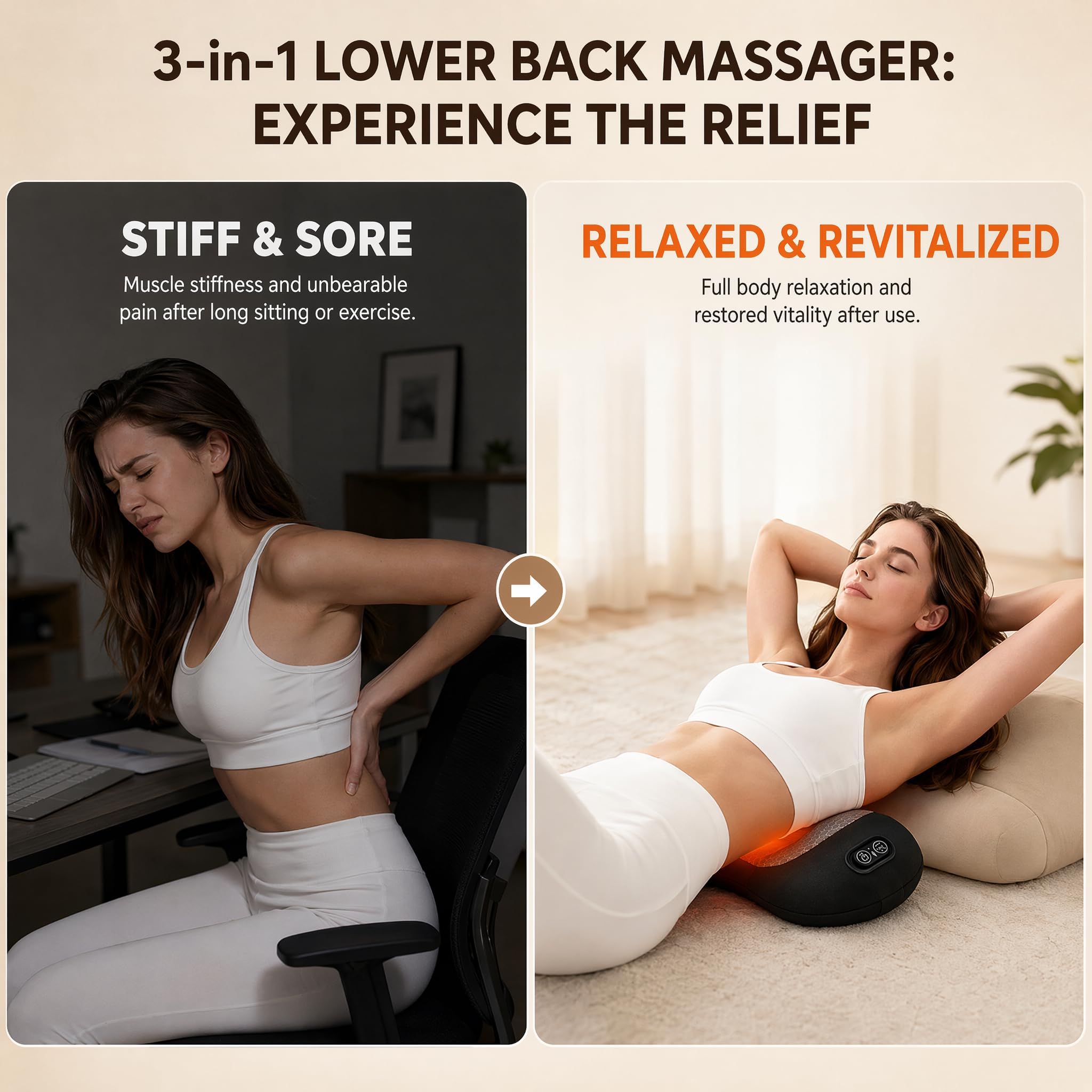 3 in 1 Rückenmassagegerät mit Massage und Wärme | Ergonomische Lendenstütze aus Memory Foam, Rückenstütze für Büro Auto und Zuhause mit Air Lift Funktio