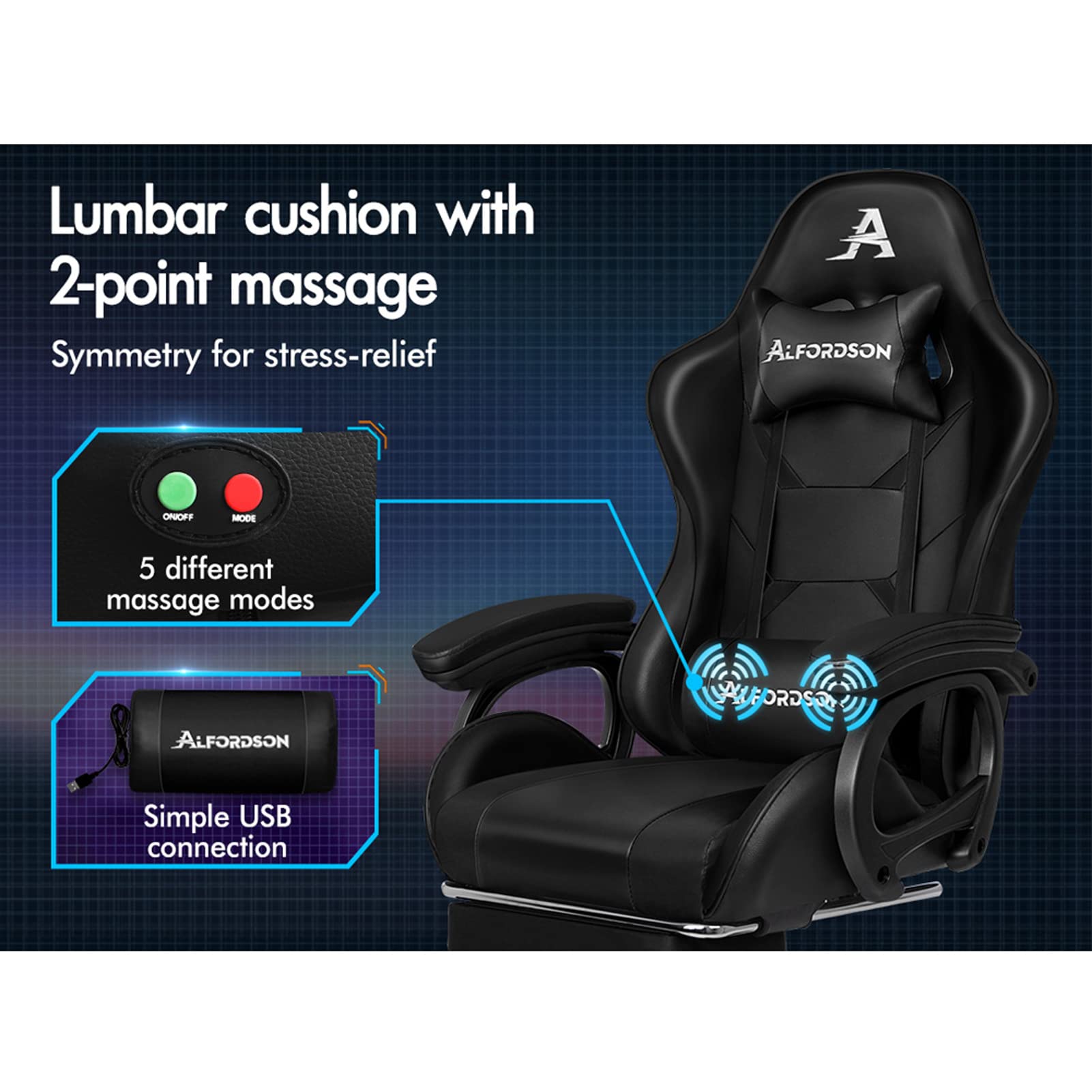 ALFORDSON Massage Gamerstoel, Computerbureaustoel met Voetsteun, 2-punts massagestoel, Draagvermogen 180 kg, Verstelbare Rugleuning 90-150°, Ergonomische PC-stoel, 360° Draaibaar, PU-leer, Blauw