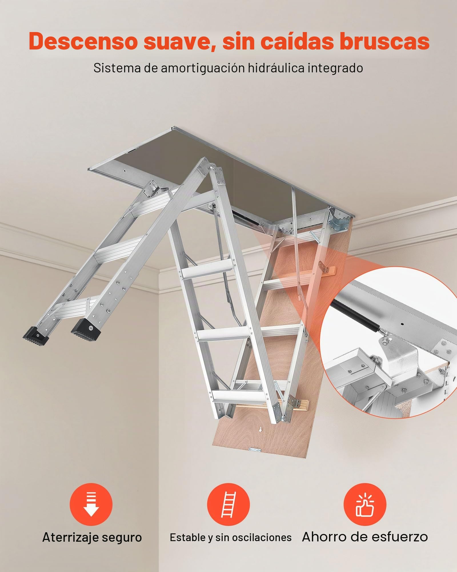 VEVOR Escalera Escamoteable de Aluminio para Techo, Escaleras de Ático Plegable con Trampilla, Cuerda de Tracción, Soporte Hidráulico, Altura Ajustable 2,34–3,15 m, Capacidad 170 kg, Ahorra Espacio