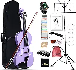 Aileen Violino tamanho 3/4 para crianças iniciantes, kit iniciante violino roxo para estudantes de 9 a 11 anos, incluindo suporte de música, adesivo de dedo novo exclusivo, mudo